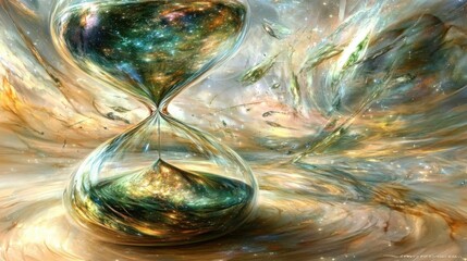 An abstract hourglass surrounded by a cosmic scene filled with swirling galaxies and stars.