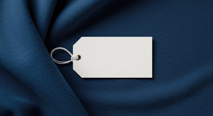 Blank White Tag on Dark Blue Fabric Background 1.