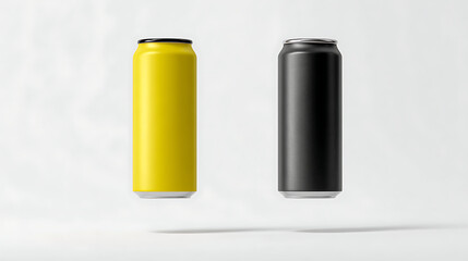 Two levitating beverage cans yellow and black drink can soda can
