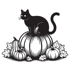 Black Cat Sitting On Pumpkin With Leaves halloween