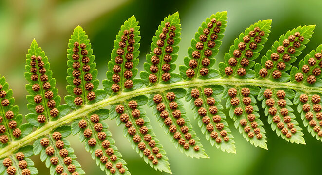 Closeup of a green fern frond with visible brown spores