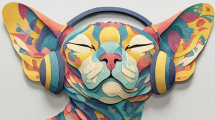 Colorful 3D artwork of a cat with headphones, showcasing intricate patterns and textures.