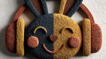 Colorful bunny character with headphones, featuring a playful design in textures.