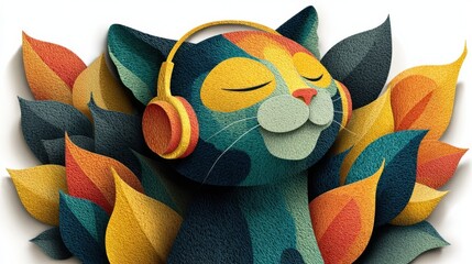 Colorful cat wearing headphones, surrounded by vibrant, abstract leaves.