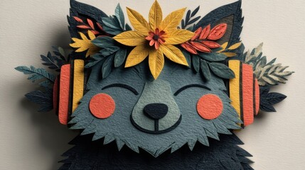 Colorful paper-cut illustration of a smiling wolf wearing headphones, adorned with flowers.
