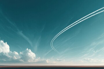 Contrails in a blue sky with fluffy clouds, illustrating aviation impact on weather.