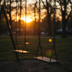Playground swings stand empty at sunset, their chains catching the soft, melancholic golden hour light