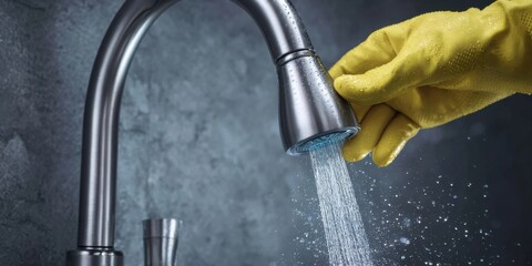 Hand wearing yellow glove adjusts faucet with flowing water in kitchen setting under soft lighting