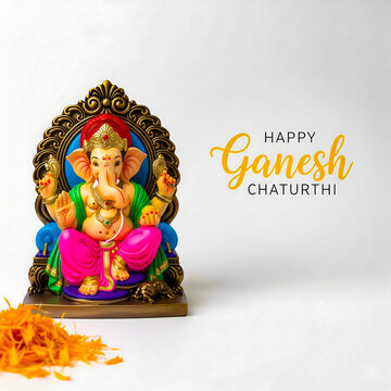 Vibrant ganesha idol adorned with flowers and festive greetings for ganesh chaturthi celebrations