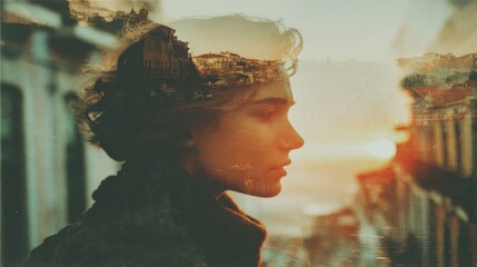 Profile of a woman with a city skyline overlay at sunset, creating a surreal effect.