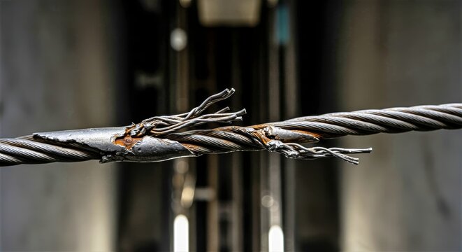 Frayed elevator cables with broken steel strands exposed in a dimly lit elevator shaft hallway moments before replacement