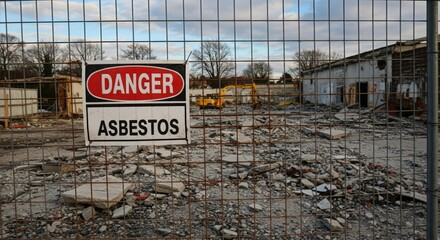 Asbestos warning sign on chain-link fence surrounding contaminated construction site with rubble and excavator