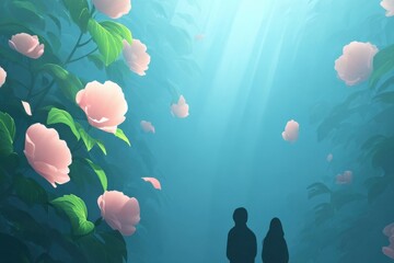 Silhouettes of two figures surrounded by pink flowers in a serene, misty environment.