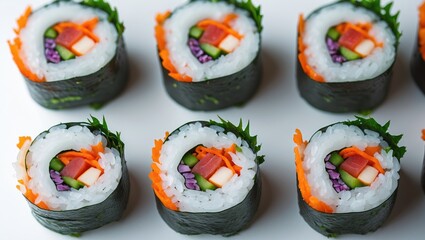 Colorful sushi rolls with vegetables and seaweed outer layer arranged in a pattern. Insight into Japanese cuisine and healthy food options.