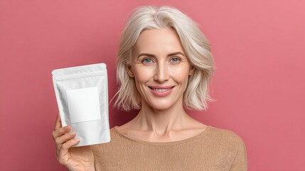 Smiling woman holding a blank packaging bag against a pink background.