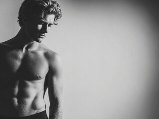 Strong male figure in a dramatic black and white portrait, showcasing sculpted physique.