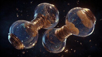 Two intertwined glass hourglasses filled with shimmering gold particles.