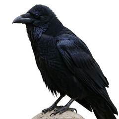 Fototapeta premium Close up of a majestic black raven perched on a rock against a dark background wildlife photography on transparent background