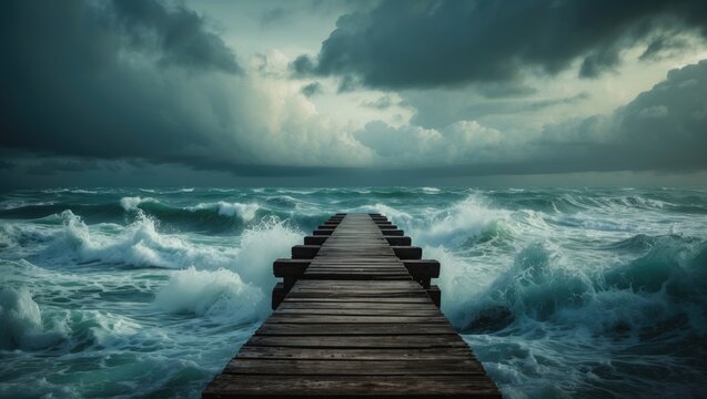 Fototapeta Stormy ocean with waves crashing against a wooden pier extending into the sea under dark, cloudy skies.