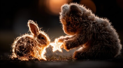 Fototapeta premium Adorable furry creature and rabbit interacting with glowing star in enchanting nighttime setting