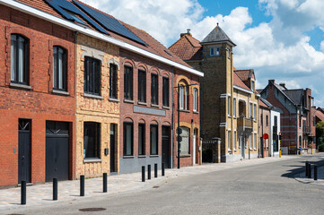 Traditional brick stone houses in a row in the village of Langemark Poelkapelle, West Flanders, Belgium