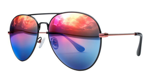 Reflective aviator sunglasses with pink and blue gradient lenses. Stylish summer accessory for fashion promotions, catalogs, or eyewear ads.  Isolated on transparent background, png	