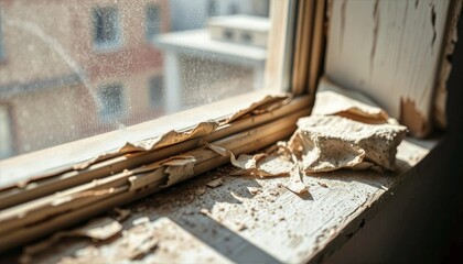 Peeling lead-based paint chips and debris on a weathered windowsill, highlighting the risks of lead poisoning in old apartments