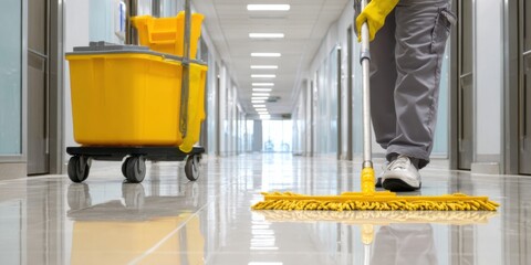 Cleaners maintain a tidy corridor in a modern building during daylight hours while using yellow equipment and supplies