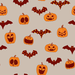 Happy Halloween grey doodle pattern. Funny orange smiling pumpkins and black bats. Illustration in folk kids style.