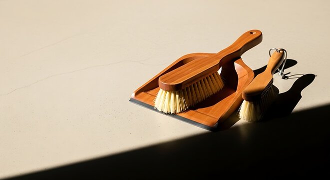 Eco-friendly wooden brush and dustpan set for household cleaning and spring-cleaning chores on a sunlit background with copy space. - Powered by Adobe