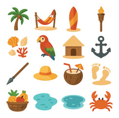 Tropical vacation icons with palm tree, parrot, and coconut drink in warm colors