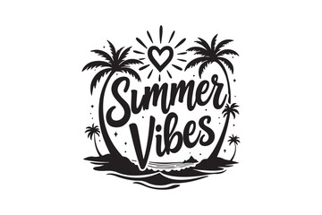 Summer vibes tropical beach scene with palm trees and heart sun