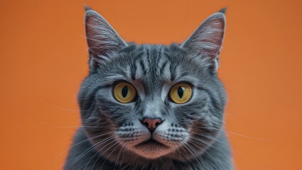 Close-up of a gray tabby cat with yellow eyes and a pink nose against an orange background.