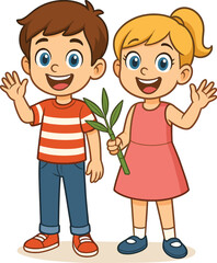 Cartoon boy and girl vector illustration, cheerful children waving in colorful clothes holding green plant for kids prints and decor