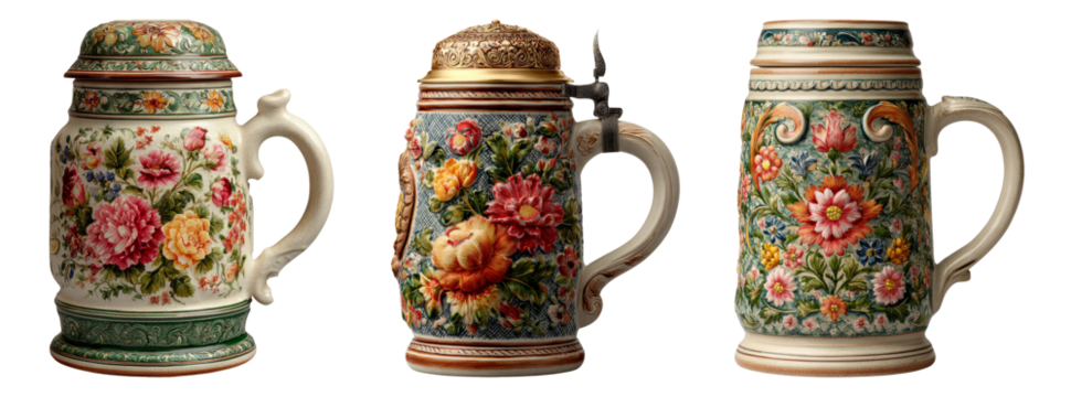 Decorative Beer Mugs with Floral Patterns on Transparent Background