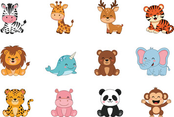 Cartoon jungle animals vector illustration, cute zebra giraffe lion elephant panda tiger characters, colorful digital art for children prints