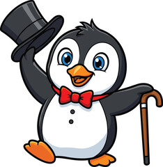 Cartoon penguin vector illustration, formal character with top hat, red bow tie, cane and blue eyes for playful children’s artwork