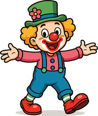 Cheerful cartoon clown in colorful outfit dancing with wide smile—playful vector for kids’ themes, party design, circus and humor art