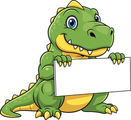 Cheerful cartoon dinosaur holding blank sign, green character with friendly smile, vector artwork for kids, design, and messaging use