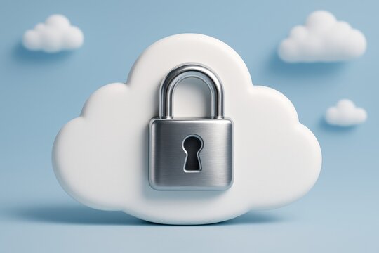 Cloud Security Illustration: A pristine, illustrated depiction of a cloud, bearing a secure padlock at its center, symbolizing data safety and privacy.
