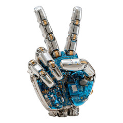 Isolated Robotic Hand Gesture Peace Sign on Transparent Background