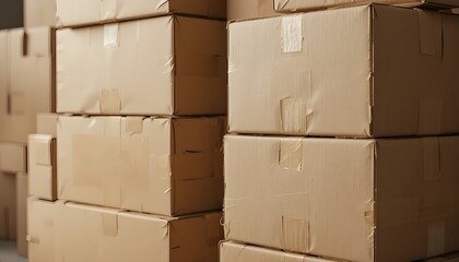 Stacked Cardboard Boxes with Tape Delivery or Storage in Studio Setting