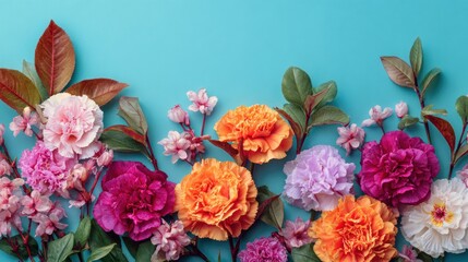 Colorful flower arrangement on a teal background.