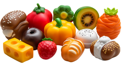Colorful collection of toy food items resembling fruits, bread, cheese, and desserts. Realistic plastic play food for children’s fun and education.  Isolated on transparent background, png	