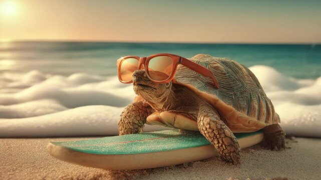 Turtle with oversized shades riding a mini surfboard near shore with sun and waves, beach vacation setting