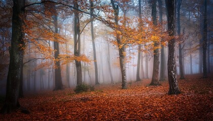 Fototapeta premium mysterious forest scene leaves veiled in morning mist moody atmosphere peaceful autumn haze dark foggy