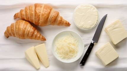 Croissants with Cheese Varieties on a White Tablecloth, Breakfast Food