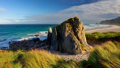 coastal rock formation with beach grass
