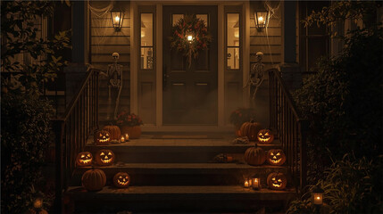 Spooky Halloween Porch with Glowing Jack-O’-Lanterns and Skeletons. Front porch decorated for Halloween with glowing jack-o’-lantern pumpkins, skeleton figures, and spooky autumn wreaths at night.