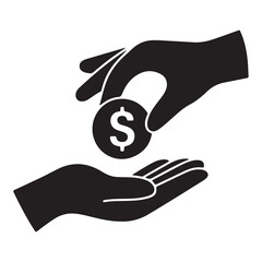 Hand giving dollar coin to another hand money receiving